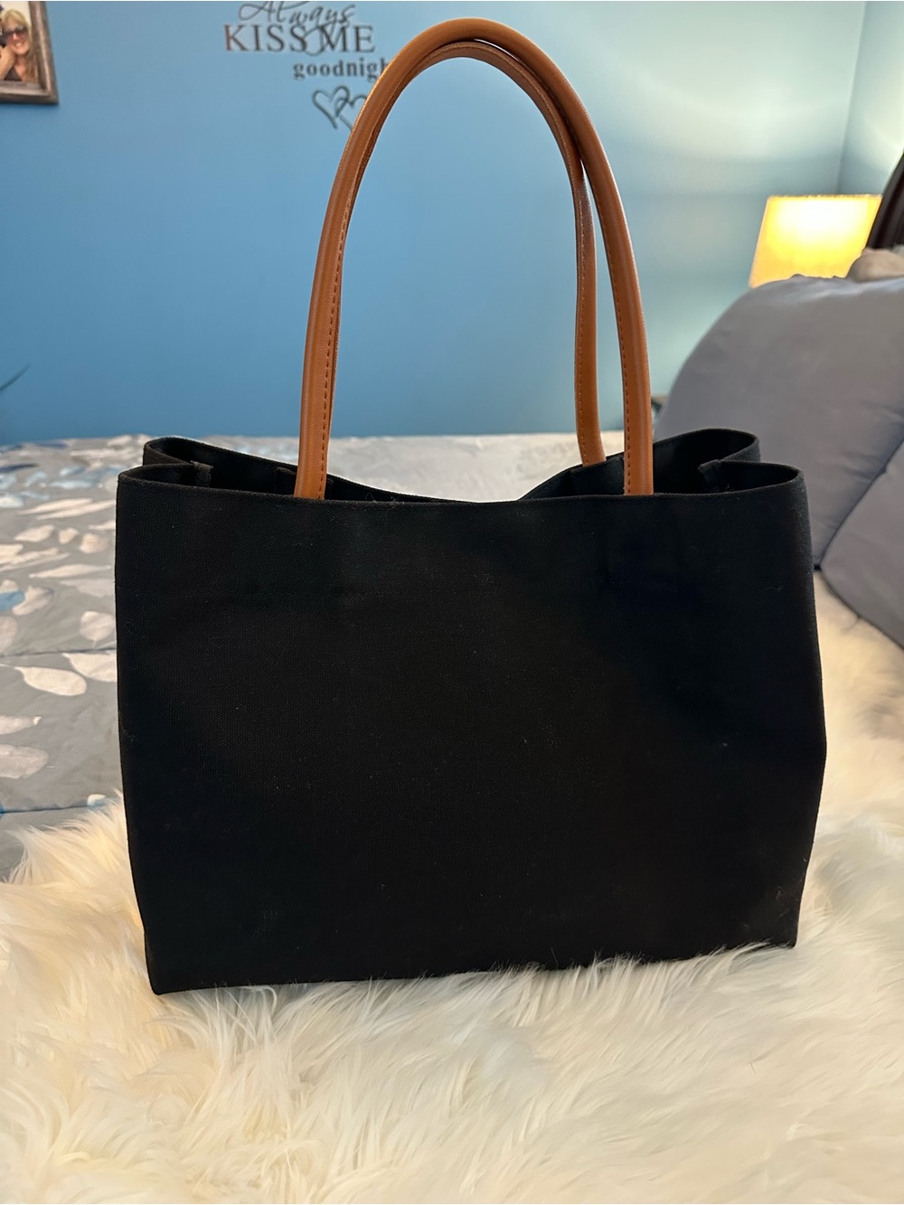 NWOT Mama Canvas Tote Bag with Brown Handles - Black & White - Picture 3 of 7